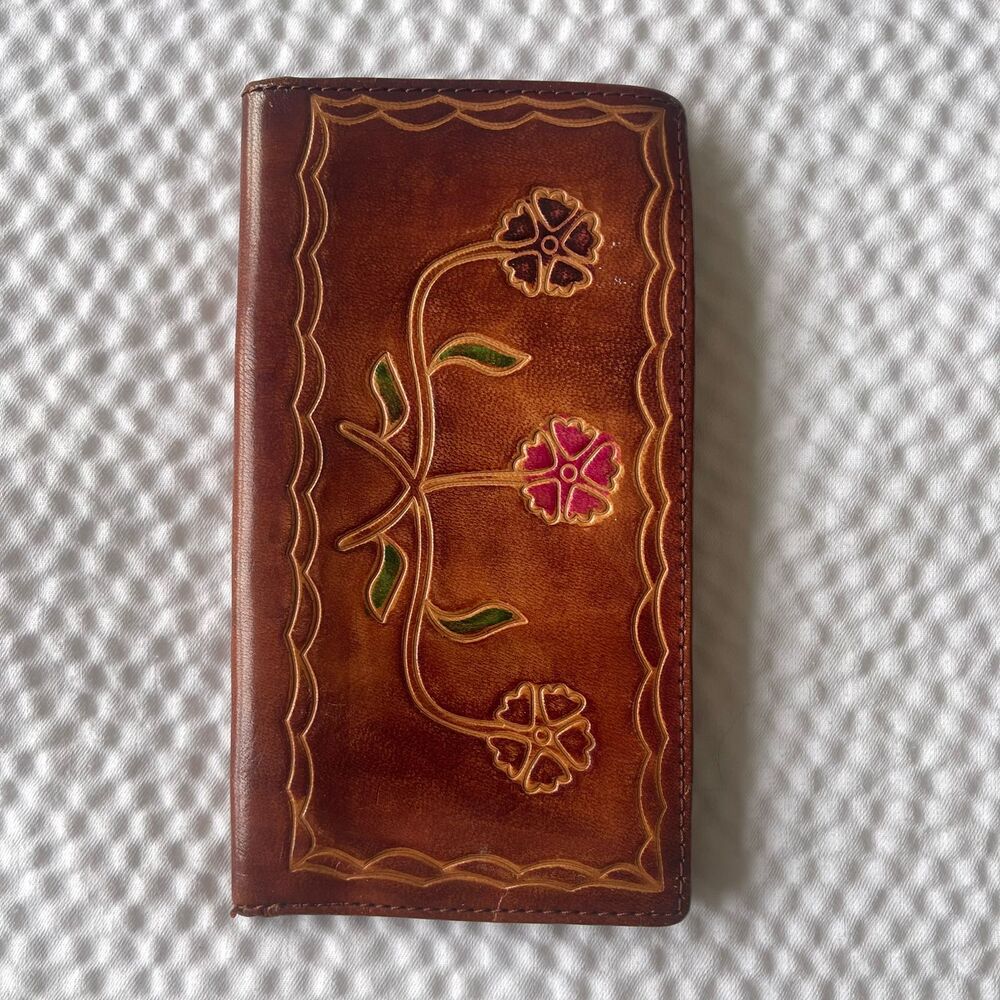 Vintage Women's Antiqued Brown Genuine Leather Embossed Floral Rare Wallet - Picture 6 of 9